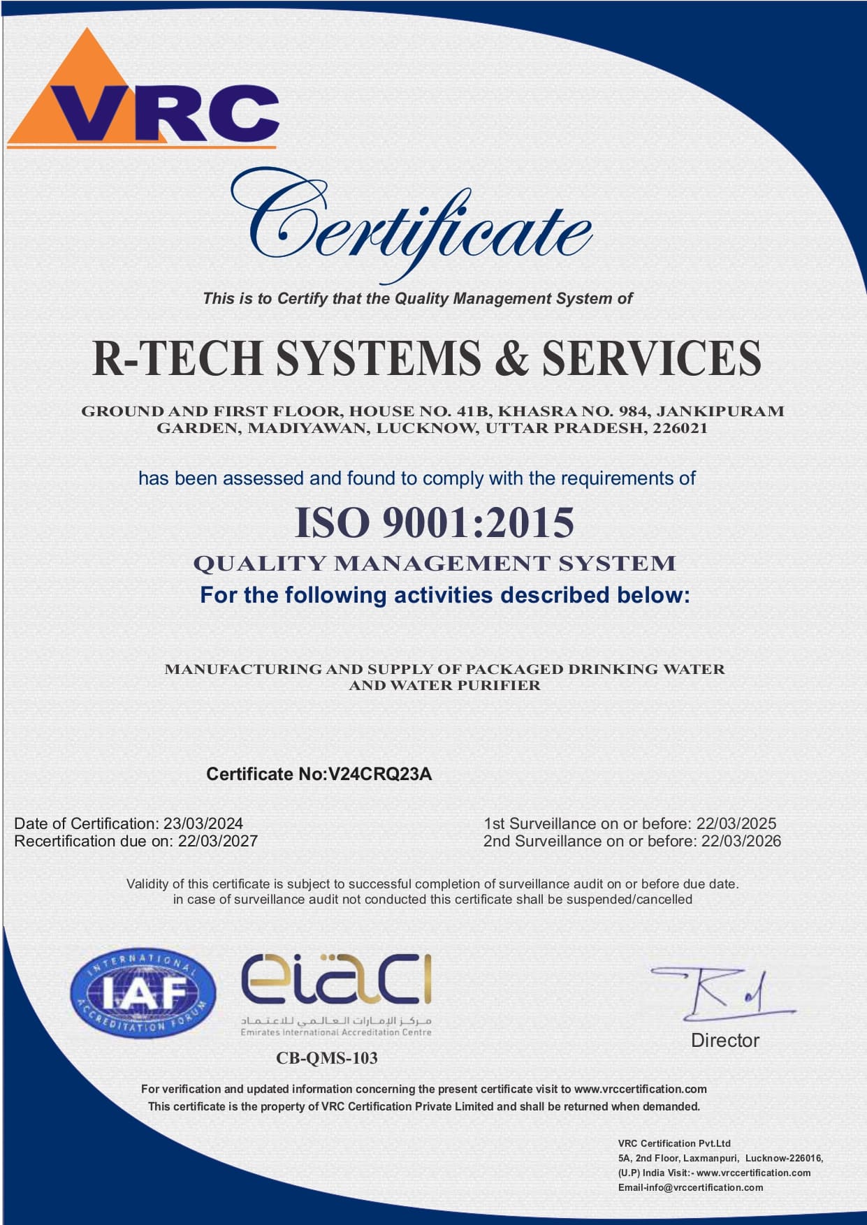 ISO 9001:2015 Quality Management System - G1 Aqua | R-Tech Systems & Services