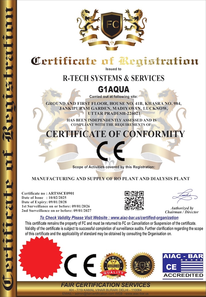 Certificate of Conformity - G1 Aqua | R-Tech Systems & Services